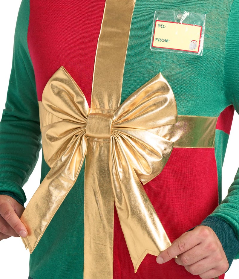 Tipsy Elves Men's Ugly Christmas Sweaters - Funny and Tacky Embellished Christmas Sweaters for Men - Red and Green Wrapping Paper Christmas Sweater with Gold Bow and Tag Size XX-Large - Image 4